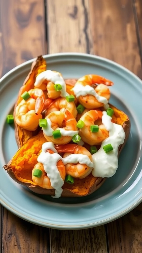 Stuffed sweet potatoes with Cajun shrimp and Greek yogurt drizzle, garnished with green onions on a wooden table.